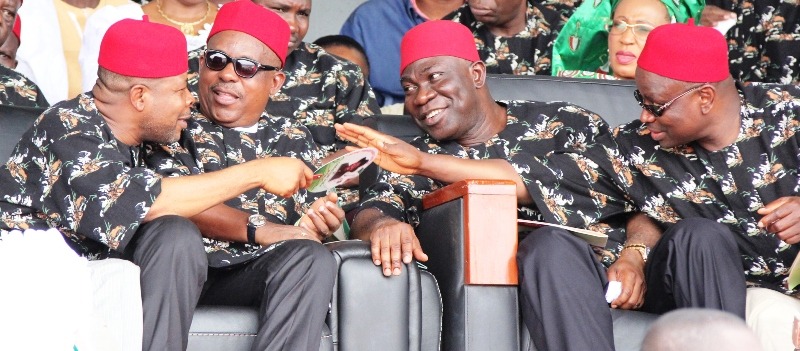 from right; Governor’s Godswill Akpabio of Akwa-Ibom, Theodor Orji of Abia Sullivan Chime of Enugu Emmanuel Uduaghan of Delta State and Maritain Elechi of Ebonyi during the South-East PDP rally held in Enugu, Friday. Photo: Henry Unini