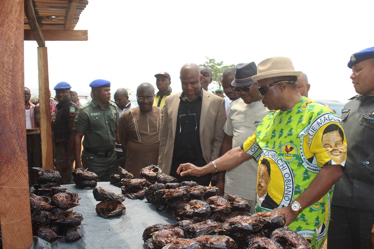 Anambra State Governor, Chief Willie Obiano pricing dry fish across Ezu Bridge in Ayamelum Local Government Area