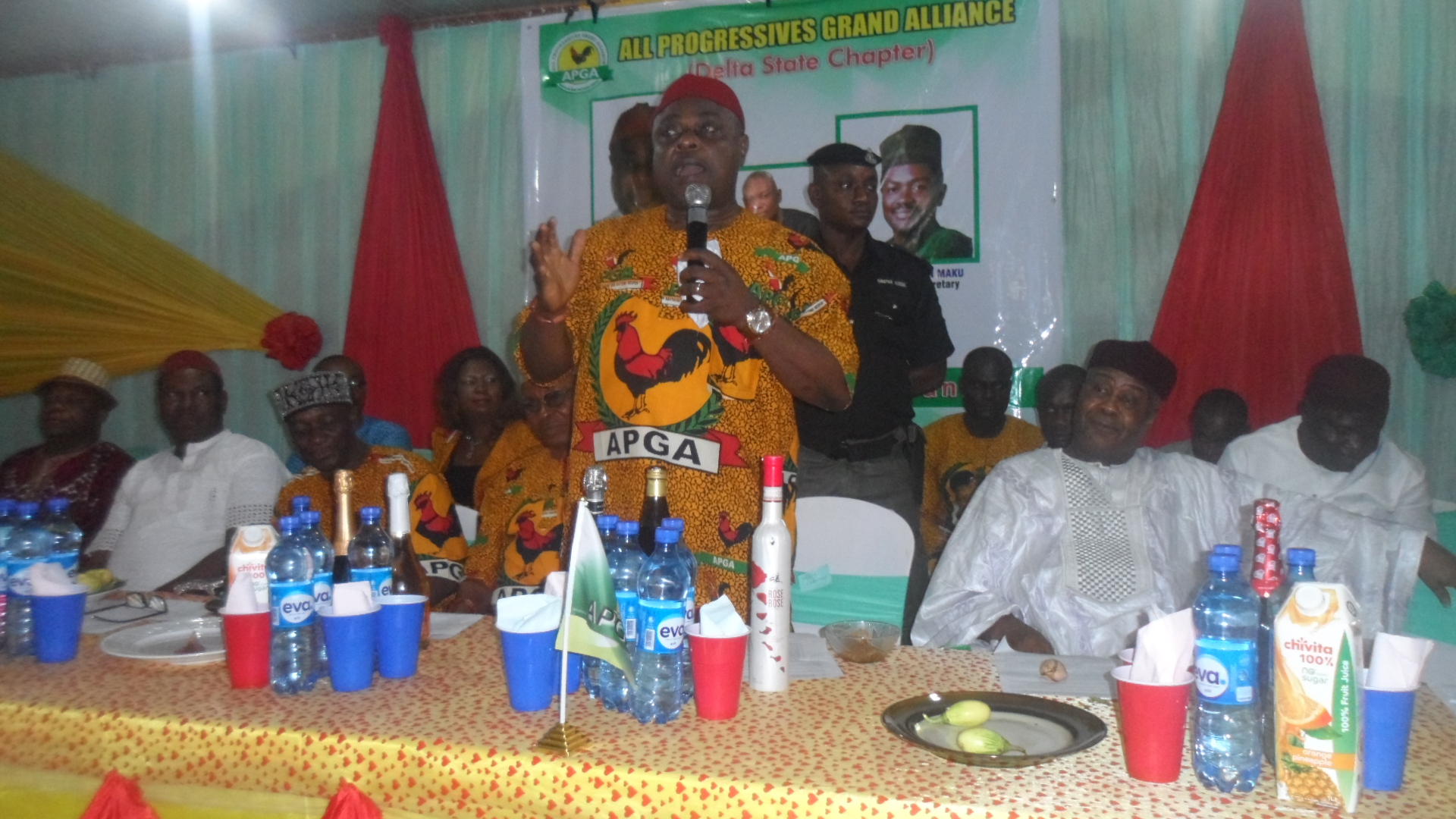 The national chairman of APGA, Chief Dr. Victor Ikechukwu Oye, addressing party faithful at the calendar lunch in Asaba, Delta State.