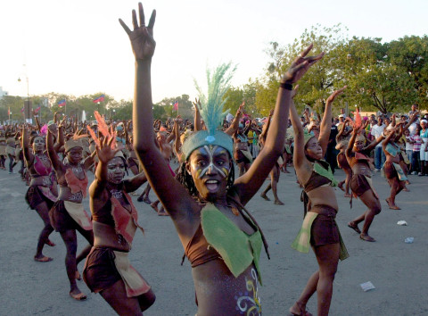 Haitian dancers perform during Carnival festivities on February 22, 2009 in Port-au-Prince. Carnival in Haiti concludes on the day of Mardi-Gras, also known as Fat-Tuesday. Haiti Carnival marks the beginning of one the holiest times of the year. It leads to a time of repentance and abstinence. AFP PHOTO / Thony BELIZAIRE. (Photo credit should read THONY BELIZAIRE/AFP/Getty Images)