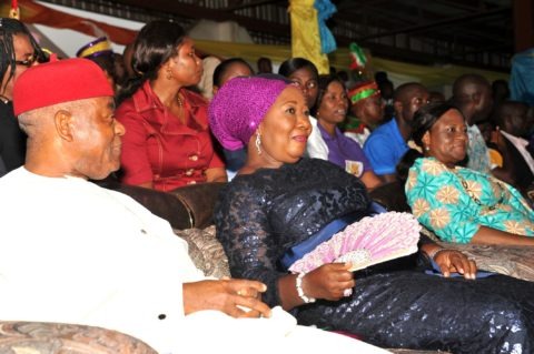 Gov. Theodore Orji of Abia state, his wife Lady Mercy Orji and wife of the deputy governor Lady Nene Ananaba at the first Abia state Easter Canival/Cantata in Umuahia.