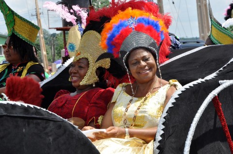 Lady Mercy Orji, wife of Abia state governor with Lady Nene Ananaba, wife of the deputy governor riding in one train during the first Abia state Easter Canival/Cantata in Umuahia.