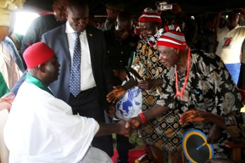 The Deputy President of the Senate, Chief Ike Ekweremadu being bestowed with the traditional chieftaincy title of Dike Eji Ejemba by the Oduma Community, Aninri Local Government Area, Enugu State at the weekend. PHOTO: OFFICE OF THE DSP