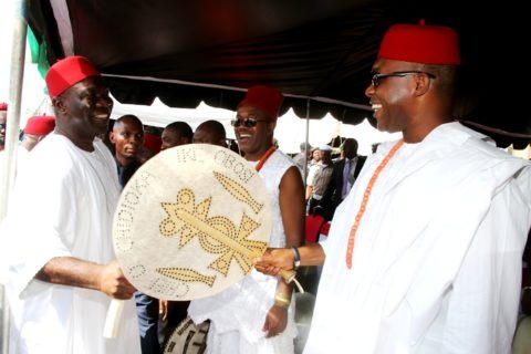 The Deputy President of the Senate, Chief Ike Ekweremadu exchange traditional greetings with the Corps Marshal of the Federal Road Safety Corps, Chief Osita Chidoka, Ike Obosi at the reception and conferment of chieftaincy title of Dike Eji Ejemba on the Deputy President of the Senate by Oduma Community, Aninri Local Government Area, Enugu State at the weekend. PHOTO: OFFICE OF THE DSP