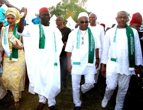   L-R: Wife of the Deputy President of the Senate, Lady Nwanneka Ekweremadu; Deputy President of the Senate, Chief Ike Ekweremadu; Chairman Senate Committee on Aviation, Senator Hope Uzodinma; and Chairman Senate Committee on Communications, Senator Gil Nnaji acknowledge greetings from crowd at the reception and conferment of chieftaincy title on the Deputy President of the Senate by Oduma Community, Aninri Local Government Area, Enugu State at the weekend. PHOTO: OFFICE OF THE DSP