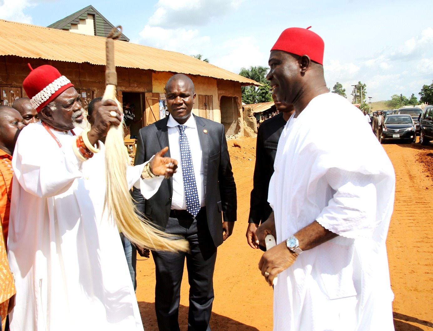 The Deputy President of the Senate, Chief Ike Ekweremadu being welcomed to Oduma by the Chairman, Traditional Rulers Council, Aninri LGA, HRM, Igwe Godwin Nwanjoku the reception and conferment of chieftaincy title of Dike Eji Ejemba on the Deputy President of the Senate by Oduma Community, Aninri Local Government Area, Enugu State at the weekend. PHOTO: OFFICE OF THE DSP
