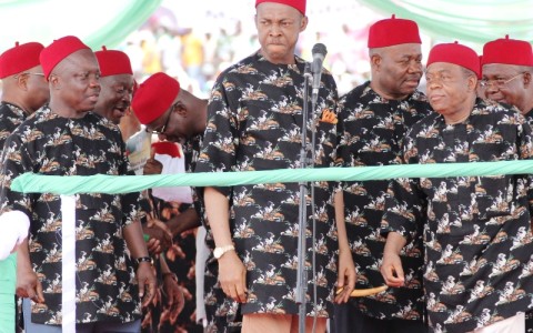  from right; Governor’s Emmanuel Uduaghan of Delta State, Sullivan Chime of Enugu, Godswill Akpabio of Akwa-Ibom, and Theodor Orji of Abia during the South-East PDP rally held in Enugu, Friday. Photo: Henry Unini