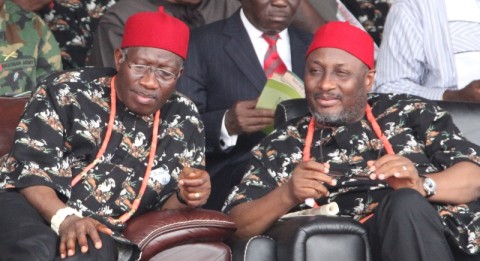 PRESIDENT Goodluck Jonathan (left) and PDP National Chairman, Alhaji Aamu Mu’azu  (right) during the South-East PDP rally held in Enugu, Friday. Photo: Henry Unini