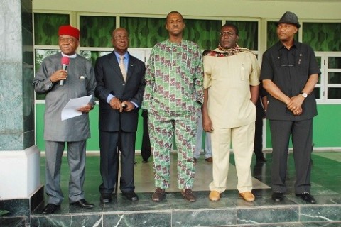 Governors of Abia, Ebonyi, Enugu and Deputy Governors of Imo and Anambra States, Chief Theodore Orji, Chief Martin Elechi, Mr. Sullivan Chime, Eze madumere and Mr. Nkem Okeke, shortly after the South East Governors meeting at the Governors Lodge, Enugu