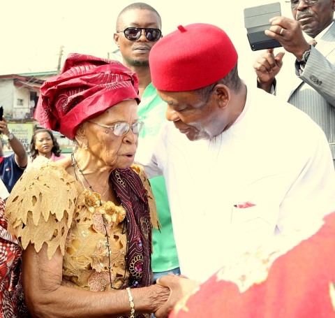 Gov. Theodore Orji of Abia state with Chief Mrs. Adanma Okpara wife of Late Micheal Okpara during the commissioning of renovated ultra modern Okpara square in Umuahia.