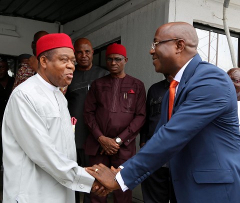 Abia state governor, Theodore Orji in a warm handshake with Dr. Augustine Njoku, General manager group zonal head south-south and south-east of Zenith bank plc. When the bank presented 10 state of the art security vehiches to the governor in Umuahia