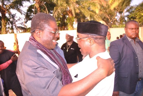 His Excellency, Prince Eze Madumere, Deputy Governor of Imo State being welcomed by Dr. Emeka Osuji with a warm embrace yesterday I Ngor-Okpala