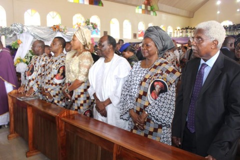  (L-R) Sir Victor Umeh, National Chairman of APGA, Chief Willie Obiano, Governor of Anambra State, Chief Mrs Ebelechukwu Obiano, his wife, former President Yakubu Gowon, Victoria Gowon, his wife and former Dr. Alex Ekwueme, former Vice President of Nigeria at the Requiem Mass held in honour of Prof. Dora Akunyili at the Madonna Catholic Church, Agulu, Anaocha Local Government Area...Anambra State...Thursday