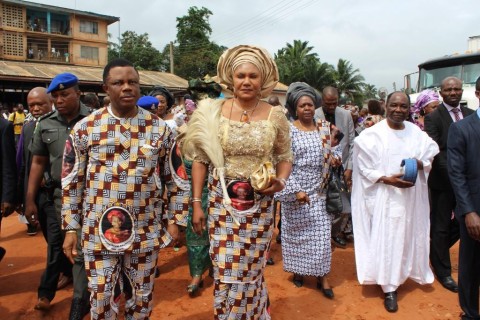  (L-R) Chief Willie Obiano, Governor of Anambra State, Chief Mrs Ebelechukwu Obiano, his wife, Mrs Victoria Gowon and former President yakubu Gowon arriving at Madonna Catholic Church, Agulu for the Requiem Mass in honour of Prof Dora Akunyili in Anaocha Local Government Area,Anambra State...Thursday.