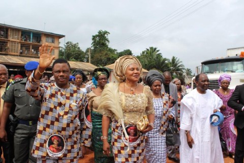  (L-R) Chief Willie Obiano, Governor of Anambra State, Chief Mrs Ebelechukwu Obiano, his wife, Mrs Victoria Gowon and former President yakubu Gowon arriving at Madonna Catholic Church, Agulu for the Requiem Mass in honour of Prof Dora Akunyili in Anaocha Local Government Area,Anambra State...Thursday.