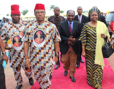  (L-R) Sir Victor Umeh, National Chairman of APGA, Chief Willie Obiano, Governor Willie Obiano, former President Yakubu Gowon and his wife Victoria arriving the venue of the special Honours & Tributes Ceremony for Dora Akunyili in Awka...Wednesday
