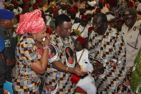 (L-R) Chief Mrs Ebelechukwu Obiano, wife of the governor, Chief Willie Obiano, governor of Anambra State and Dr. Chike Akunyili, widower at the Special Honours & Tributes Ceremony for Prof. Dora Akunyili in Awka...Wednesday