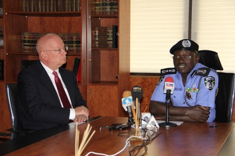 IGP SULEIMAN ABBA WITH H.E, JAMES F. ENTWISTLE, US AMBASSADOR TO NIGERIA DURING A COURTESY VIST ON THE IGP AT HIS OFFICE