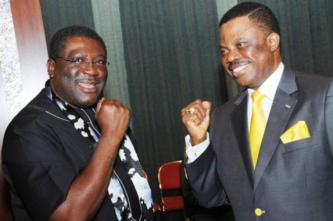 Anambra State Governor, Mr. Willie Obiano and Imo Deputy Governor, Prince Eze Madumere (MFR) shows the way forward in fight against Ebola menace. The handshaking pattern they demonstrated should be upheld by the good people of Nigeria.