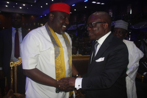 Governor Emmanuel Uduaghan of Delta State (right) with his Imo State counterpart, Rochas Okorocha  during the 54th Annual Conference of Nigerian Bar Association in Owerri, today 25th August, 2014. PIX: Bripoin Enarusai