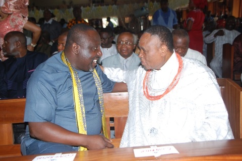  Imo State Gov Owelle Rochas Okorocha with Chief Gabriel Igbonudon, [Esema of Benin] during the 75th birthday ceremonies of the National chairman of APC, Chief John Oyegun at Benin recently