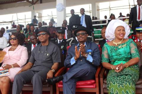 Princess Chinwe Nwaebili, Speaker, Anambra State House of Assembly, Dr. Nkem Okeke, Deputy Governor, Chief Willie Obiano, Governor of Anambra State and his wife, Chief Mrs Ebelechukwu Obiano during the activities marking the 54th Independence Anniversary in Awka...Wednesday