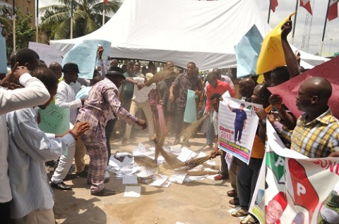 The burning of APC paraphernalia n Abia state by defectors from APC to PDP yesterday 