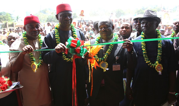 L-R: Member of House of Representatives, Hon. Toby Okechukwu; Deputy President of the Senate, Sen. Ike Ekweremadu; Vice Chancellor, National Open University of Nigeria (NOUN), Prof. Vincent Tenebe; DVC, NOUN, Prof. Nebath Tanglang cutting the tape during the commissioning of NOUN’s Community Study Centre,  Awgu, Enugu State attracted by the Senator ….Monday. PHOTO: OFFICE OF THE DSP