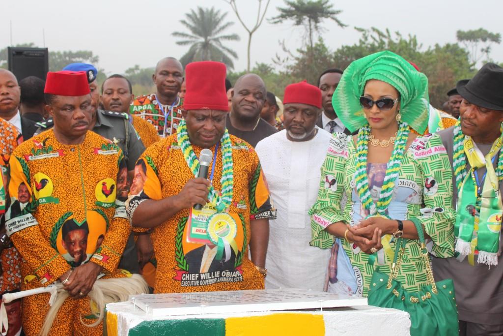 Chief Willie Obiano, Governor of Anambra State, Chief Victor Umeh, National Chairman of APGA, Ambassador Bianca Ojukwu, Nigerian Ambassador to Spain and Dr Nkem Okeke, Deputy Governor of Anambra State during the foundation laying of the party's proposed Anambra headquarters in Awka...yesterday