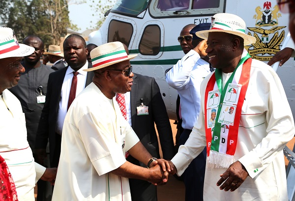 President Goodluck Ebele Jonathan being received on arrival by Abia state Governor, Theodore Orji for the PDP 2015 Presidential Rally in Umuahia