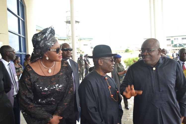 Wife of the governor of Anambra State, Chief (Mrs.) Ebelechukwu Obiano, Deputy Governor of Bayelsa State, Rear Admiral John Jona (Rtd.), and Governor of Bayelsa State, Hon Henry Seriake Dickson awaiting arrival of President Goodluck Jonathan and his wife Dame Patience Jonathan at the Special funeral Service for the nine Bayelsans who died in motor accident on February 14, 2015.