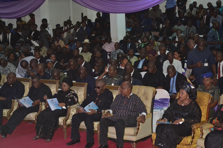 Dignitaries seated inside Dr. Gabriel Okara Cultural Centre on February 24, 2015 venue of the Special funeral Service for the nine Bayelsans who died in motor accident on February 14, 2015.