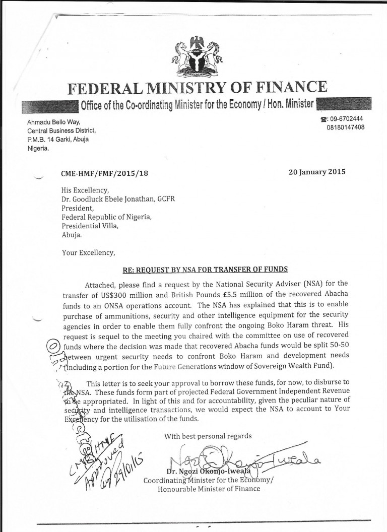 Dasuki-Gate: Okonjo Iweala’s Memo To President Jonathan On Dasuki’s Request For Funds