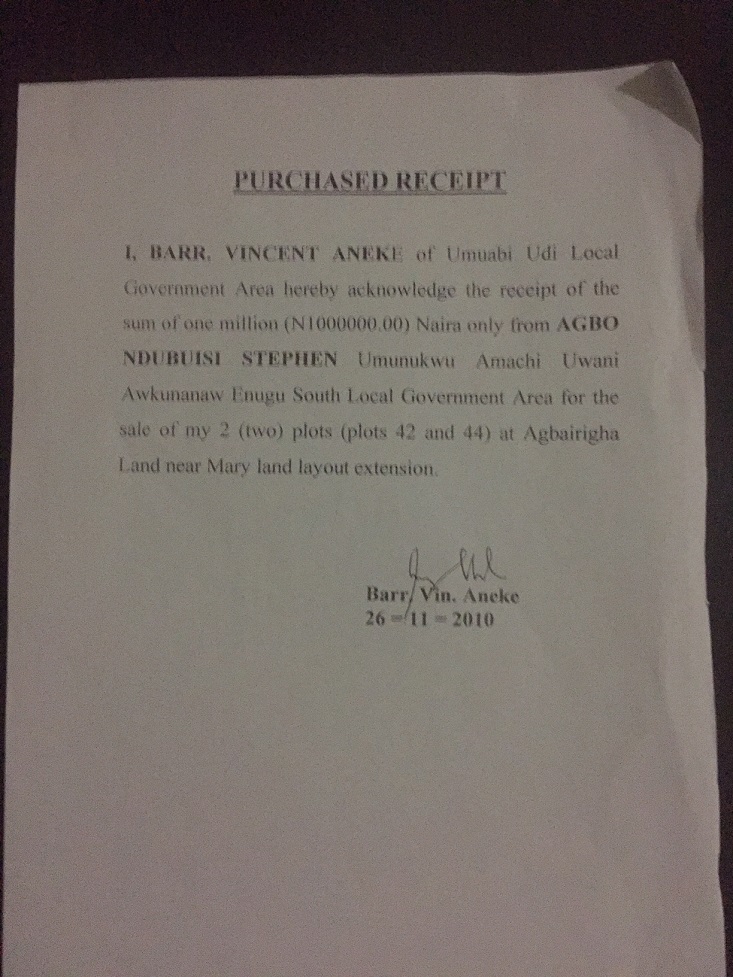 RECEIPT OF THE BRIBE PLOTS OF LAND RESOLD BY BARR. VIN ANEKE