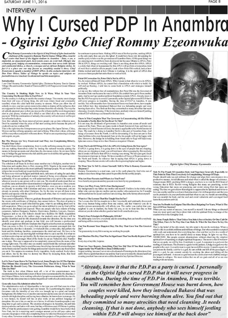 Why I Cursed PDP In Anambra – Ogirisi Igbo Chief Rommy Ezeonwuka