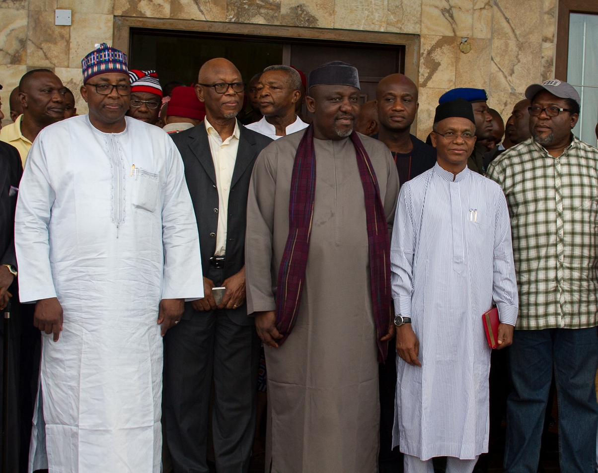 Governor Rochas Okorocha (Centre), in a group photograph    with Governor El Rufai (1st right), Chief John Oyegun, APC National    Chairman (1st left), Governor of Bauchi State, Alhaji Mohammed Abubakar