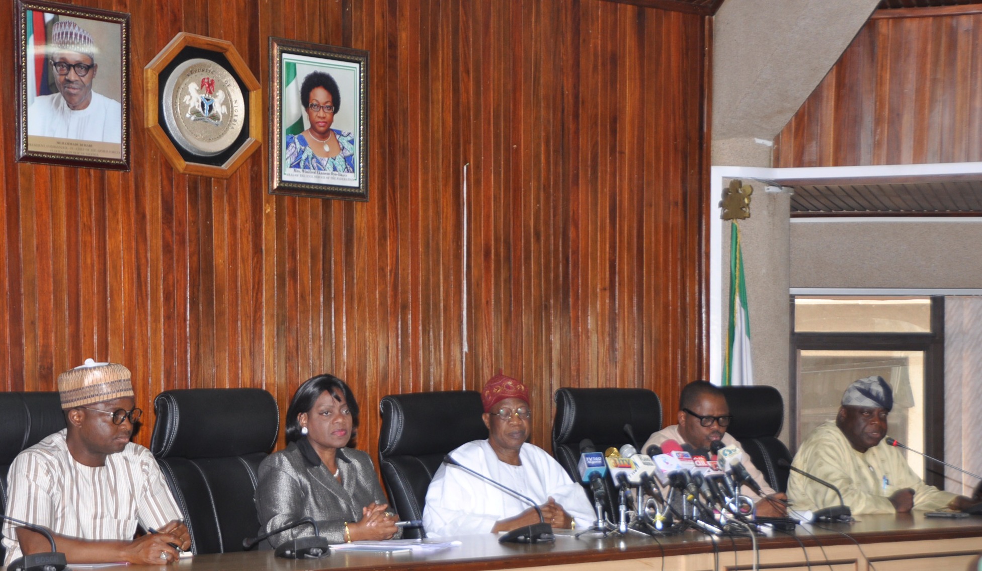 Minister of Information and Culture, Alhaji Lai Mohammed, flanked by the Permanent Secretary in the Ministry, Mrs Ayo Adesugba, Special Assistants Segun Adeyemi and Williams Adeleye and Director in the Ministry Peter Dama, at a press conference addressed by the Minister in Abuja on Friday