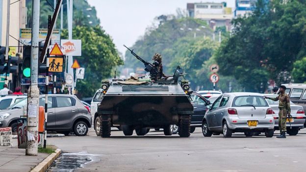 Army tank on streets of Harare