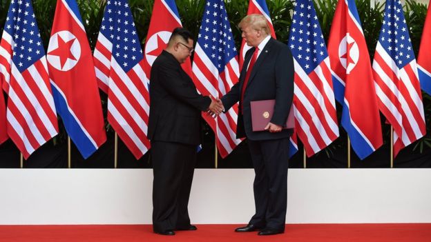 Kim Jong-un and Donald Trump shaking hands