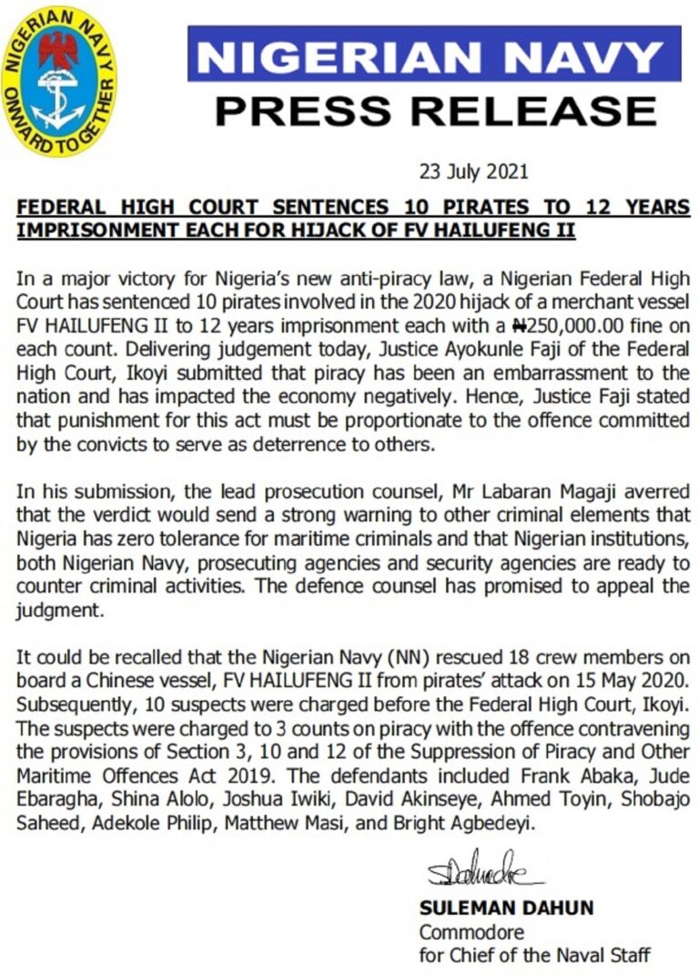 Federal High Court Sentences 10 Pirates To 12 Years Imprisonment Each For Hijack OF FV Hailufeng II