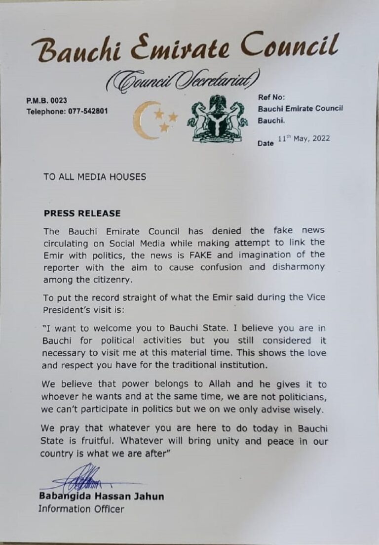Bauchi emirate council debunks online media story linking the emir with Politics