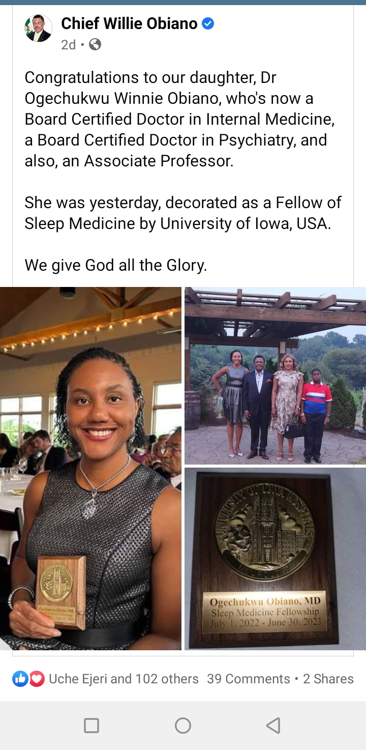 Reactions As US Varsity Awards Obiano’s Daughter Fellow of Sleep Medicine