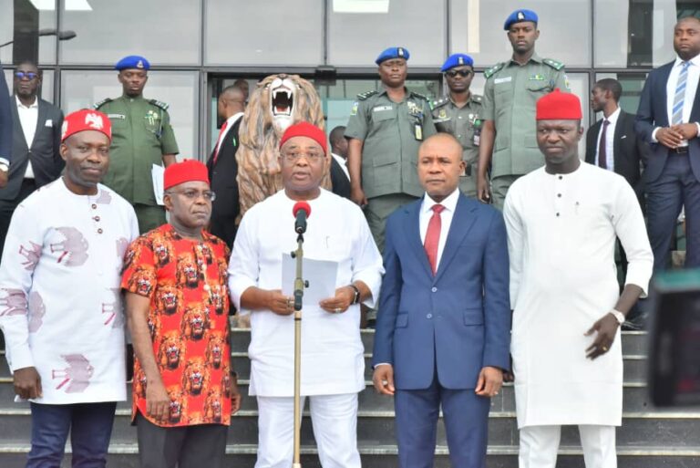 L- R: Governor Chukwuma Soludo (Anambra State), Governor Alex Otto (Abia State), Governor Hope Uzodimma of Imo State and Chairman of South East Governors Forum, Governor Peter Mba (Enugu State) and Governor Francis Nwifuru (Ebonyi State), briefing newsmen after their meeting on Thursday in Enugu on how to deal with the menace of insecurity in their region