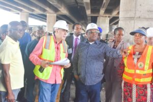 From left, Director, Federal Highway Southwest, Mr Adedamola Kuti; Project Manager, Buildwell Plant & Equipments Industries Ltd, Mr George Mohanna; Minister, Federal Ministry of Works, Mr David Umahi and Controller of Works, Federal Works Lagos, Mrs Olukorede Kesha during the during the Minister’s Inspection of the Rehabilitation of Federal Bridges and Reconstruction of the Federal Roads in Lagos on Tuesday (29/08/23)