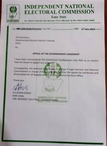 Letter from INEC Abandoning the Appeal on Kano Guber Tribunal