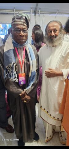 Former President, Chief Olusegun Obasanjo with the chairman of the Art of Living Foundation, Gurudev Sri Sri Ravi Shankar