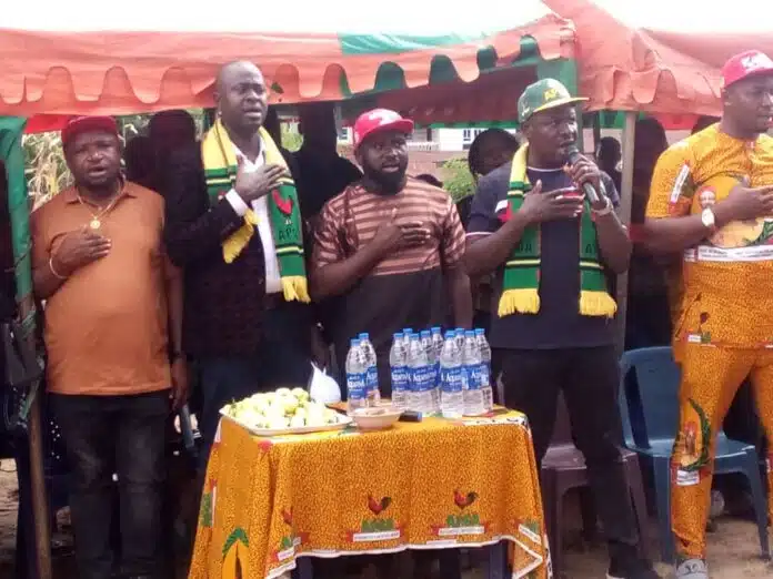 Top Hon Ifeanyi Chinweze Chairman Anambra East local government area. Down Chinweze left, Chinedu Obidigwe, Commissioner for Water and Power Engr Julius Caesar, at the campaign