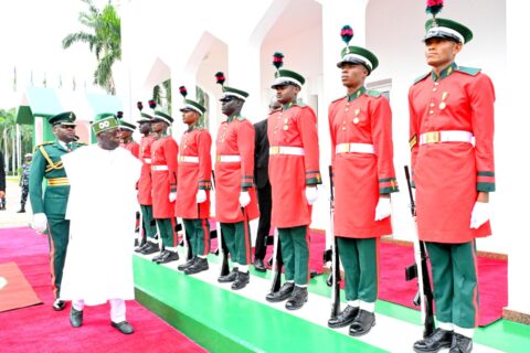 President Bola Ahmed Tinubu inspecting the quarter guard at the 64th Independence Day Parade, held at the forecourt of the State House, Abuja, on October 1, 2024.