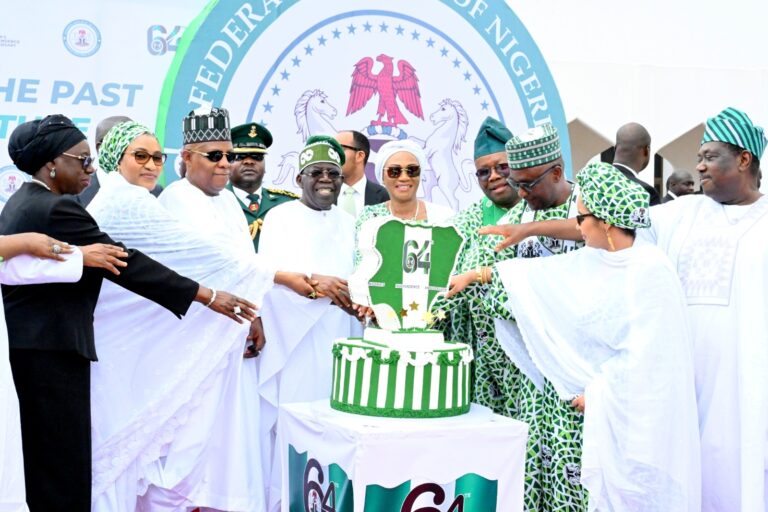 L-R: Chief Justice of Nigeria (CJN), Justice Kudirat Kekere-Ekun; Wife of the Vice President, Hajiya Nana Shettima; Vice President Kashim Shettima; President Bola Ahmed Tinubu; First Lady of Nigeria, Senator Oluremi Tinubu; Senate President Godswill Akpabio; Speaker of the House of Representatives, Tajudeen Abbas; Wife of the Speaker, Hajiya Fatima Abbas; and Secretary to the Government of the Federation (SGF), Senator George Akume, at the 64th Independence Day Parade, held at the forecourt of the State House, Abuja, on October 1, 2024.