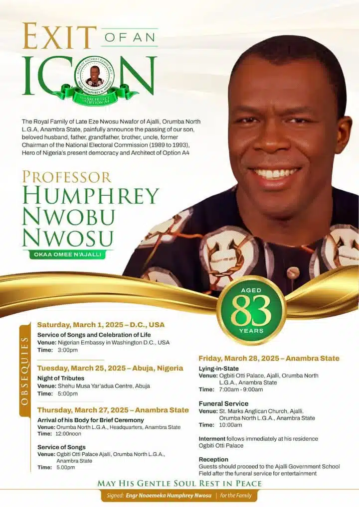 Nwosu’s Family Announces Burial Arrangements for Former National Electoral Chairman
